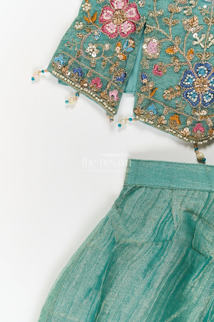 Girls Sage Green Embroidered Pointed Top Palazzo Set