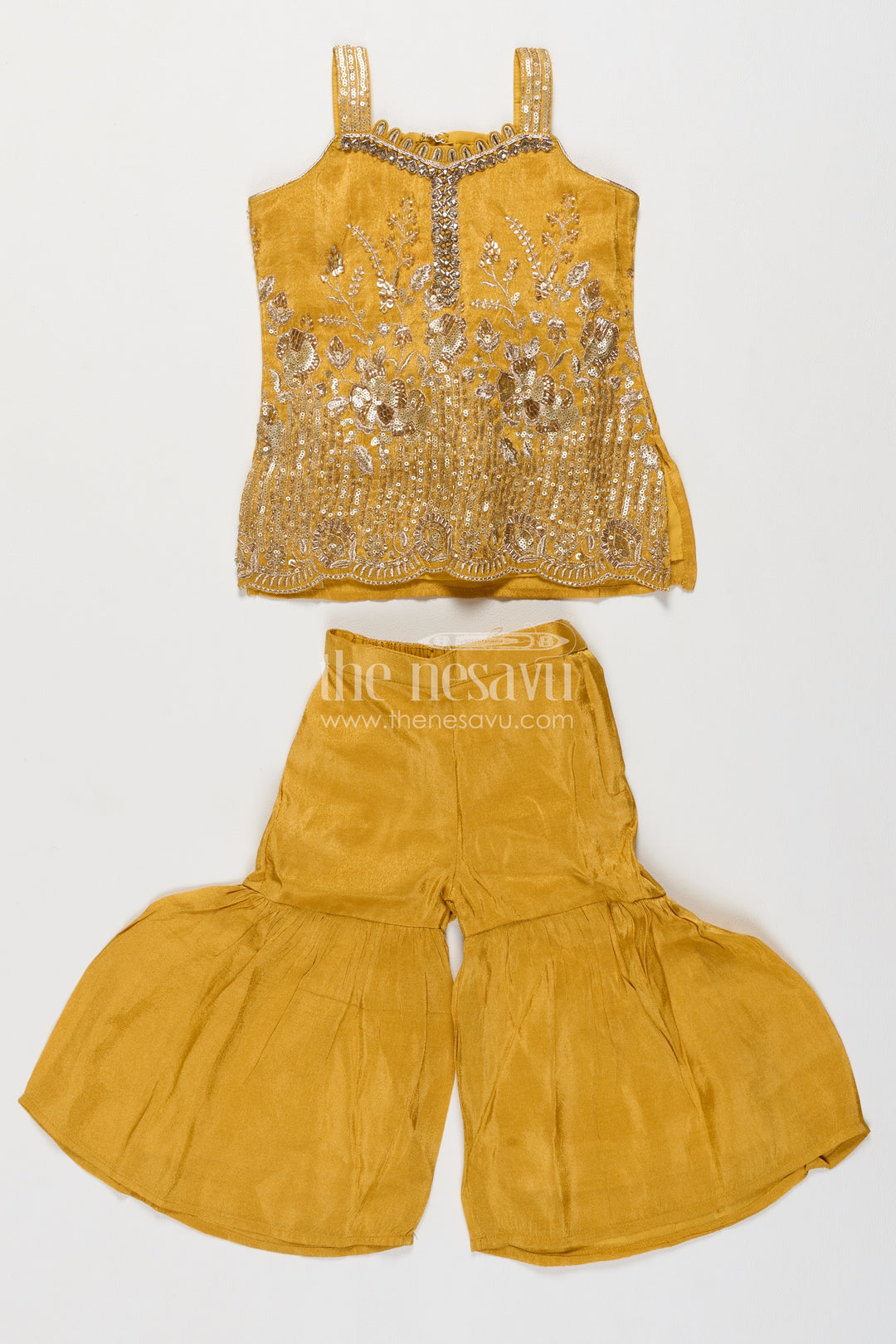 Girls Mustard Viscose Silk Sharara Set with Scalloped Embroidered Top