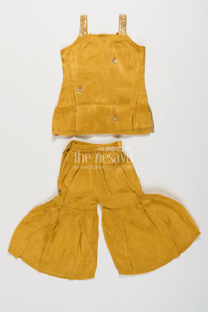 Girls Mustard Viscose Silk Sharara Set with Scalloped Embroidered Top