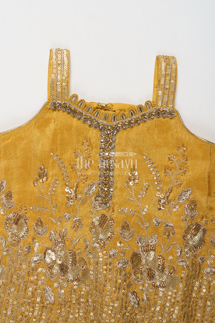 Girls Mustard Viscose Silk Sharara Set with Scalloped Embroidered Top