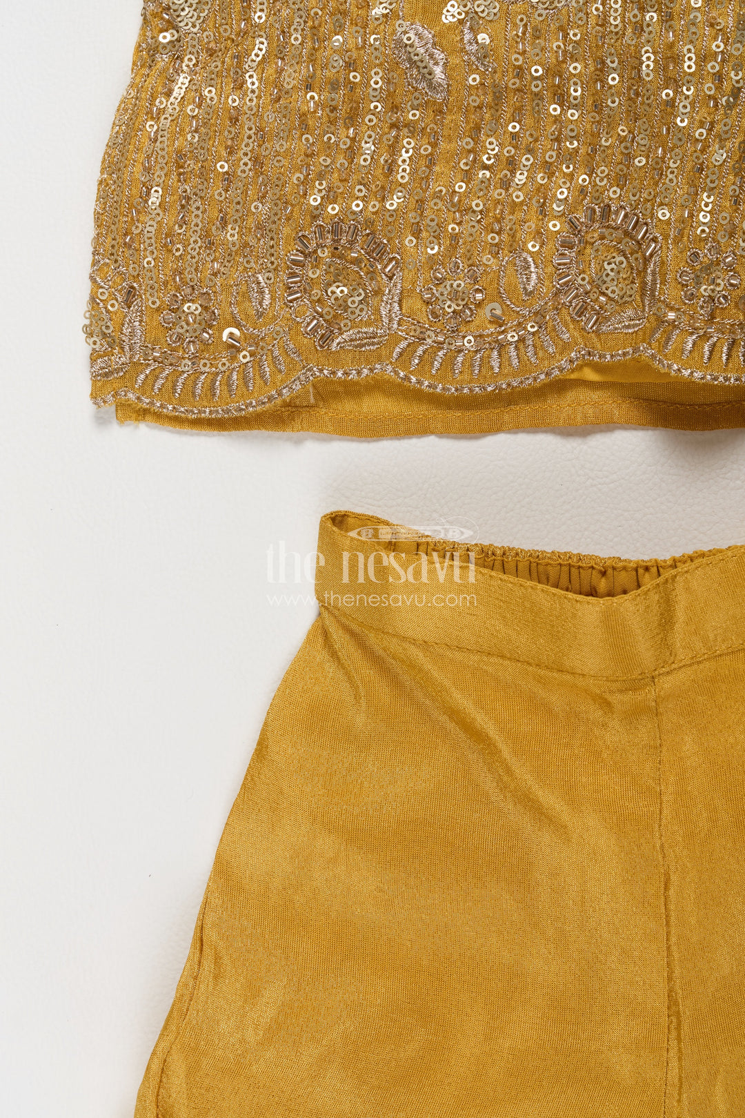 Girls Mustard Viscose Silk Sharara Set with Scalloped Embroidered Top
