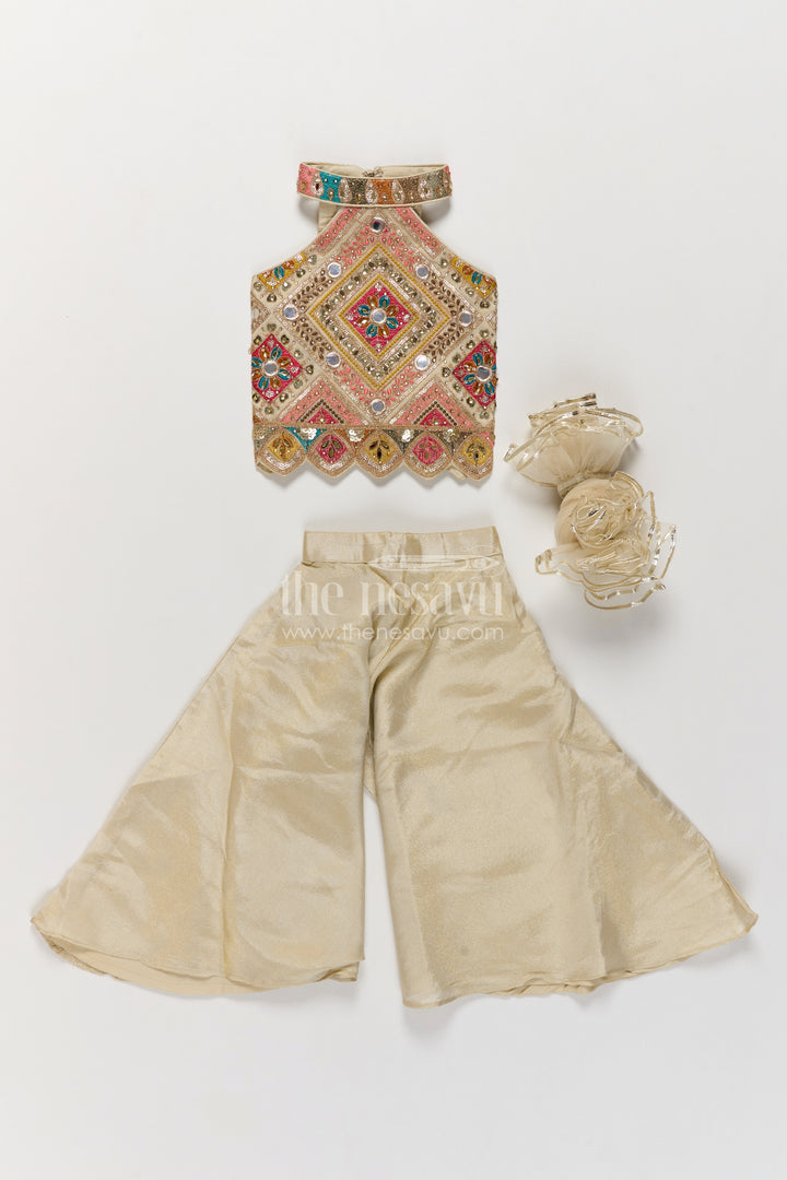Girls Ivory Viscose Silk Palazzo Set with Geometric Halter Top