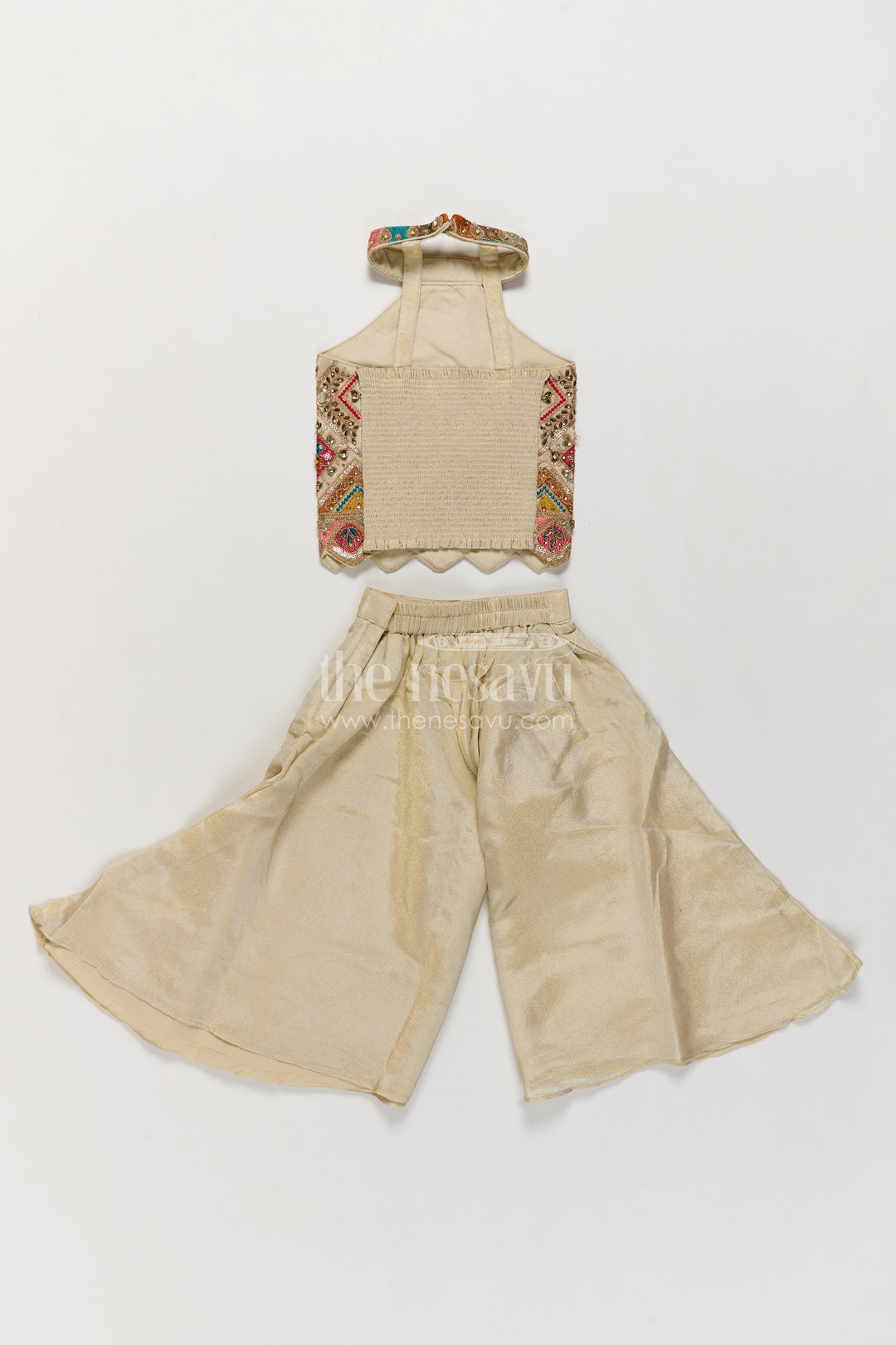 Girls Ivory Viscose Silk Palazzo Set with Geometric Halter Top