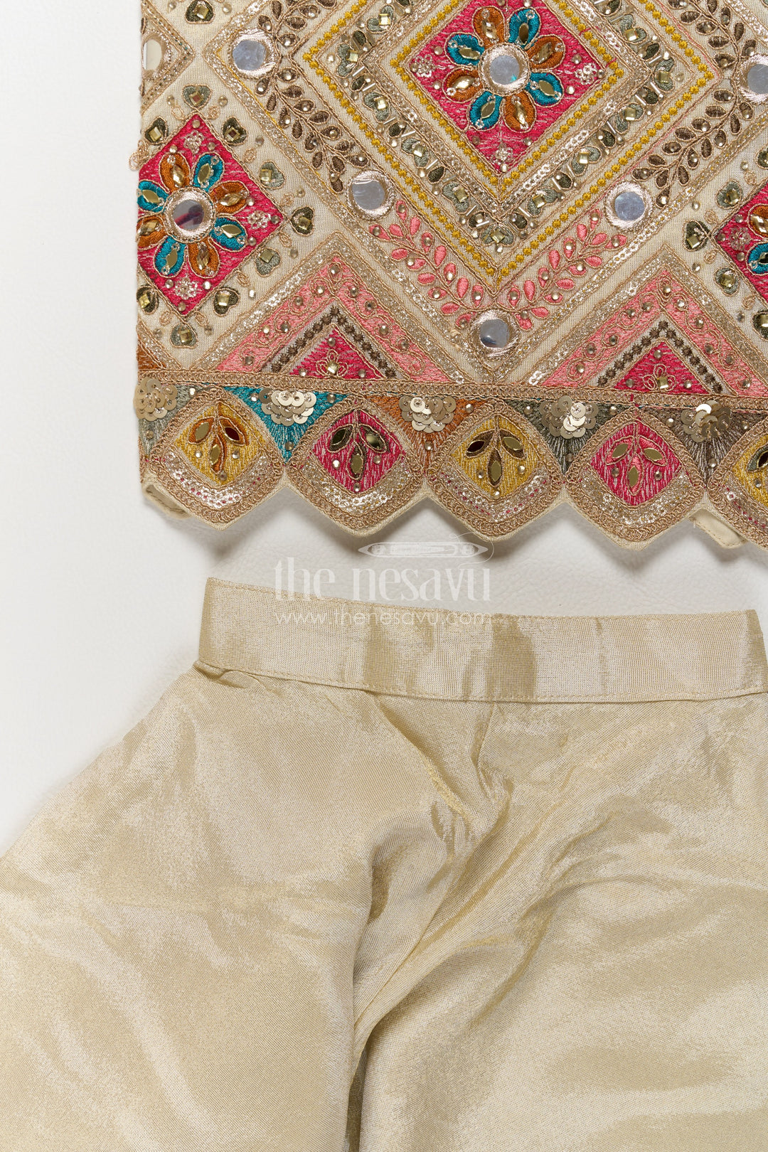 Girls Ivory Viscose Silk Palazzo Set with Geometric Halter Top