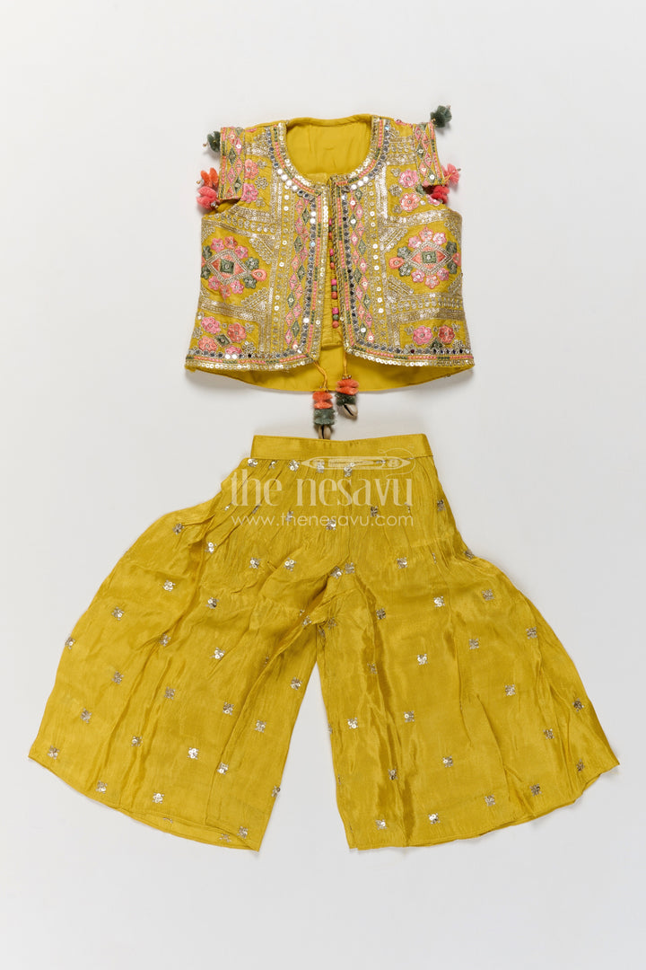 Girls Mustard Viscose Silk Sharara Jacket Set with Floral Embroidery