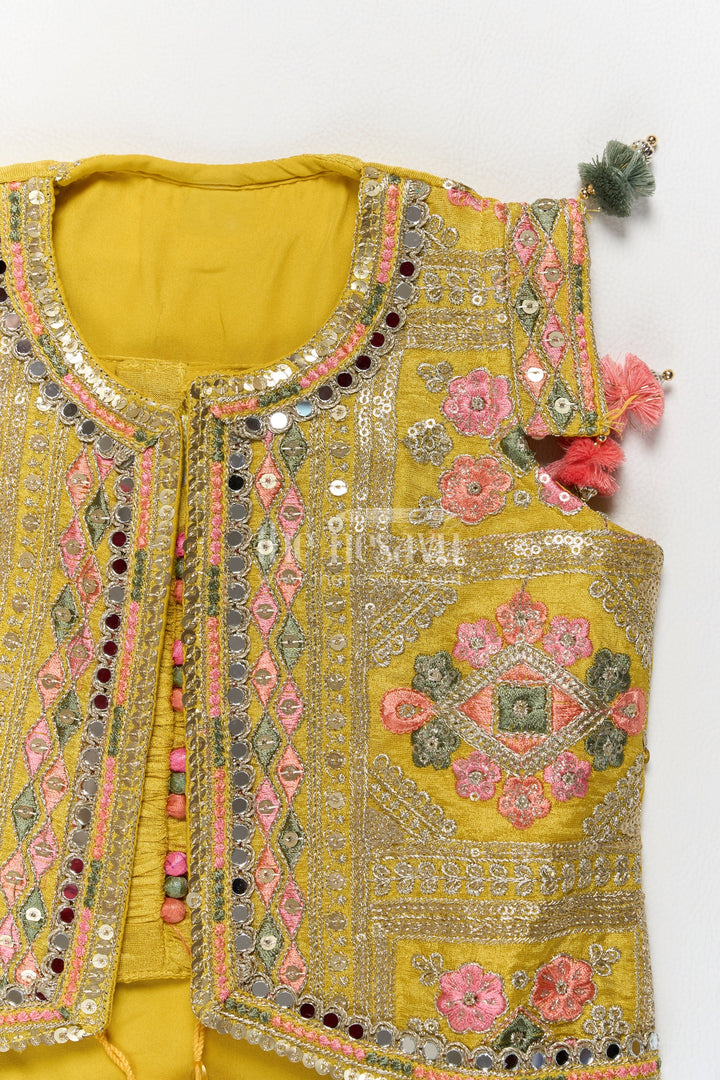 Girls Mustard Viscose Silk Sharara Jacket Set with Floral Embroidery