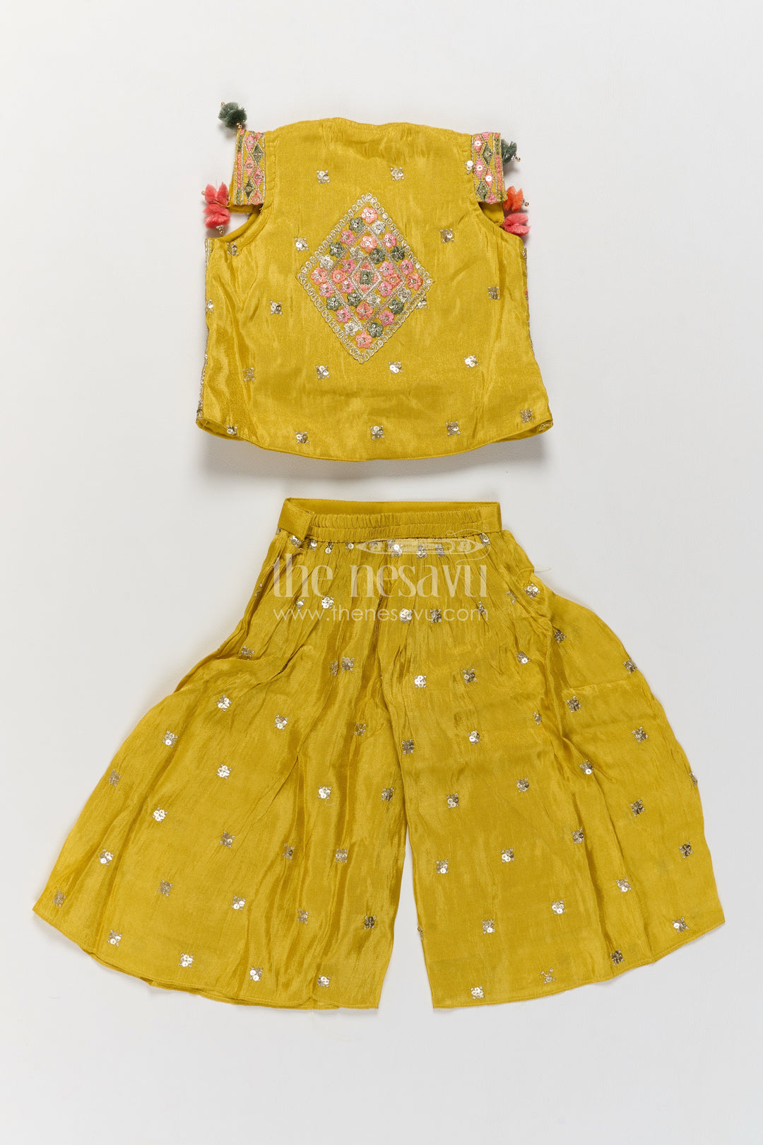 Girls Mustard Viscose Silk Sharara Jacket Set with Floral Embroidery