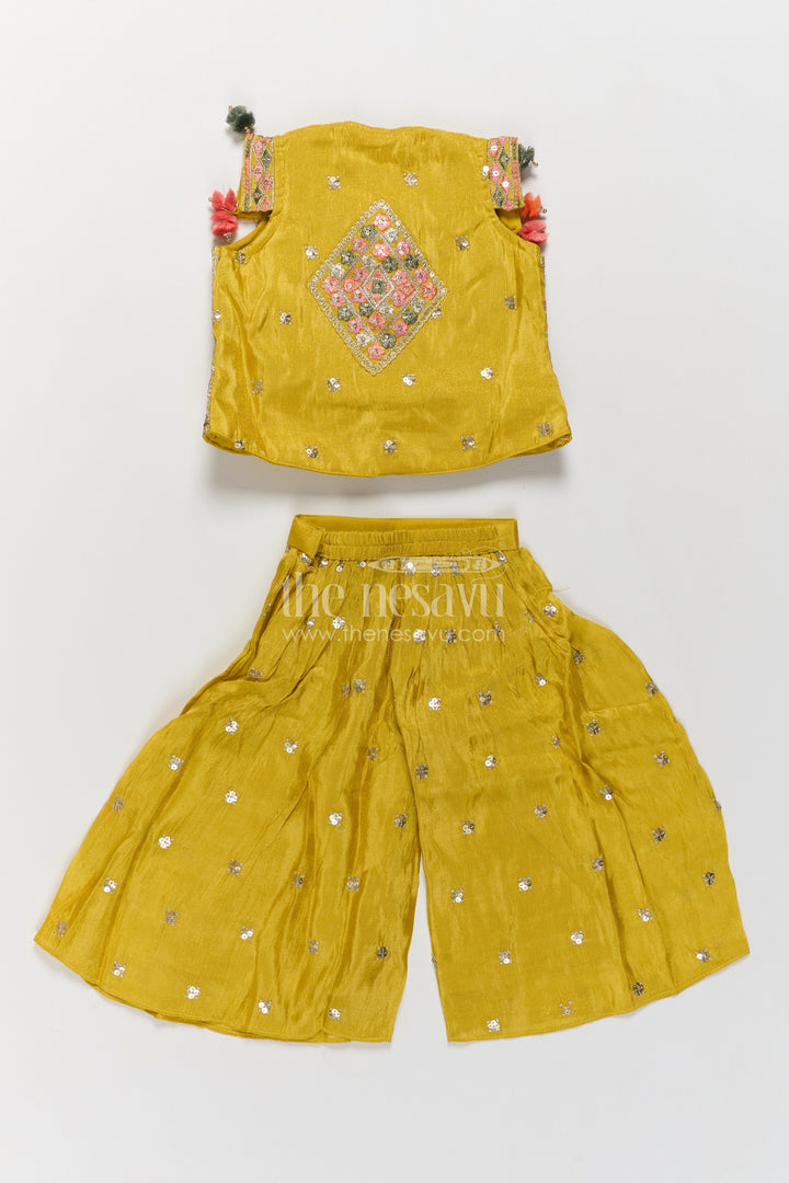 Girls Mustard Viscose Silk Sharara Jacket Set with Floral Embroidery
