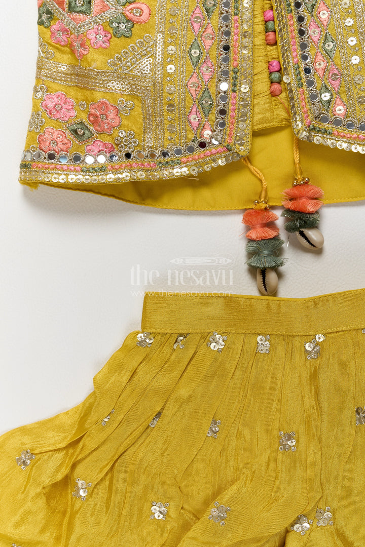 Girls Mustard Viscose Silk Sharara Jacket Set with Floral Embroidery
