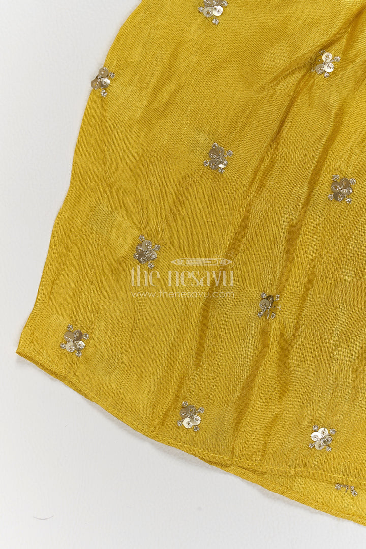 Girls Mustard Viscose Silk Sharara Jacket Set with Floral Embroidery