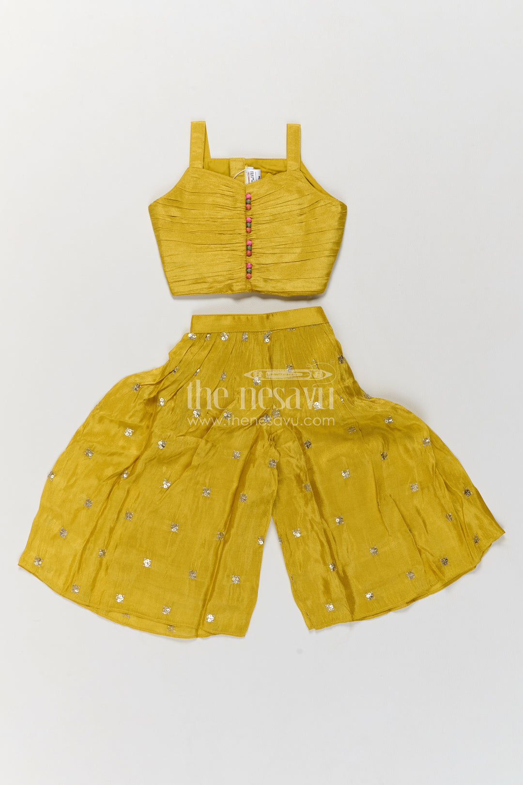 Girls Mustard Viscose Silk Sharara Jacket Set with Floral Embroidery