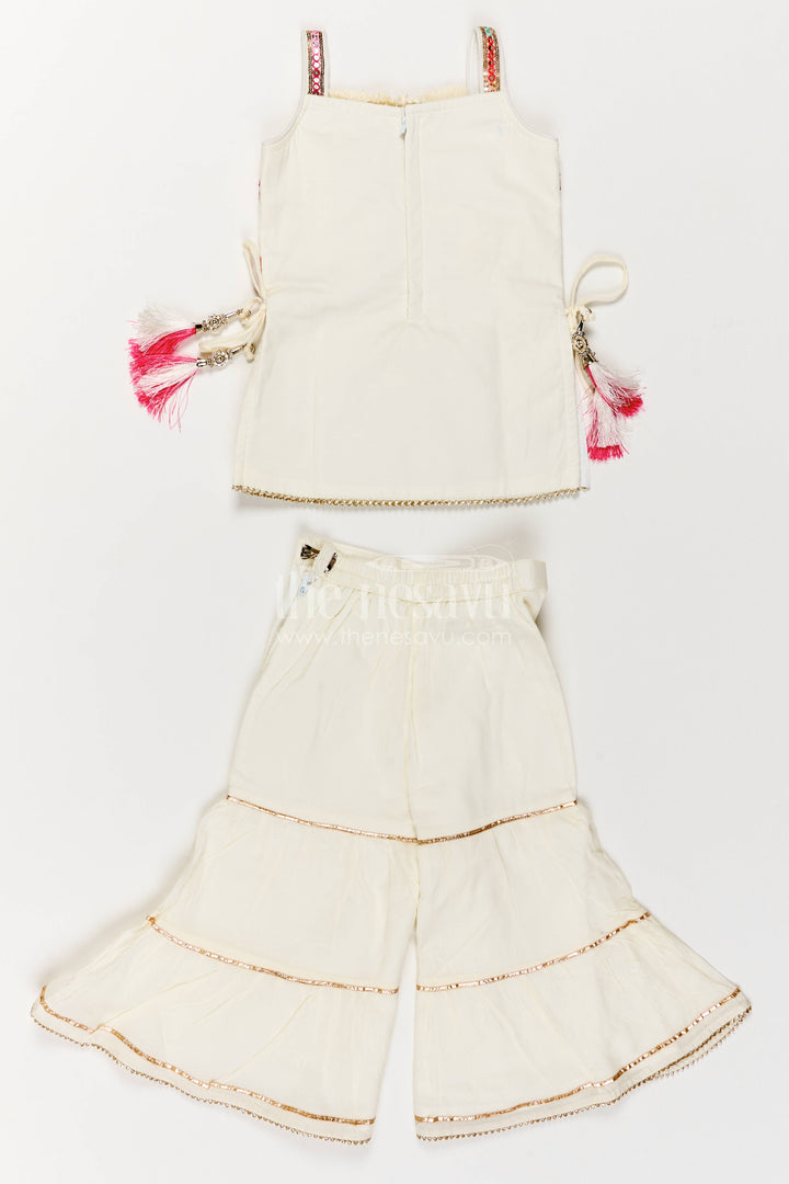 Girls Sharara Set in White with Thread Embroidery