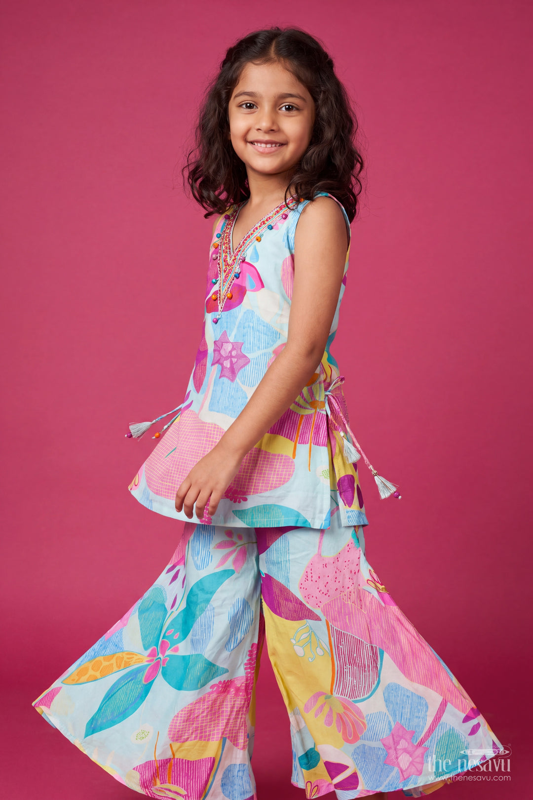 Girls Viscose Georgette Palazzo Set in Aqua Pink with Abstract Flower Print