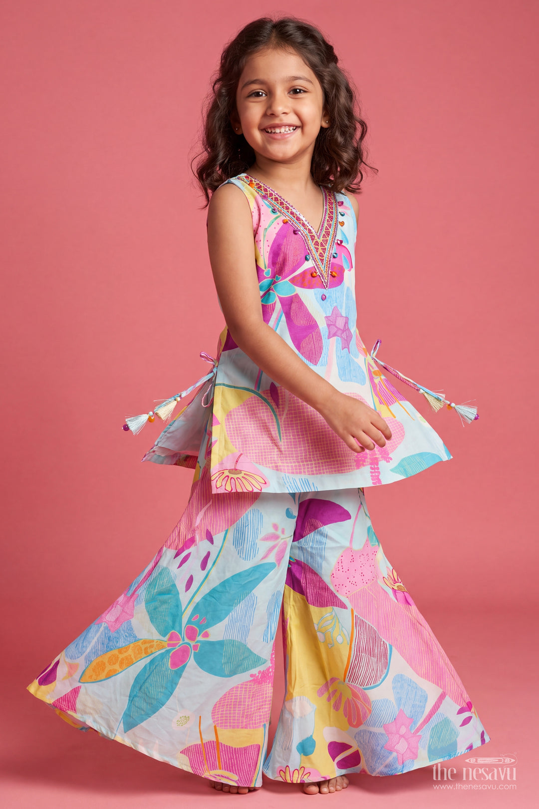 Girls Viscose Georgette Palazzo Set in Aqua Pink with Abstract Flower Print