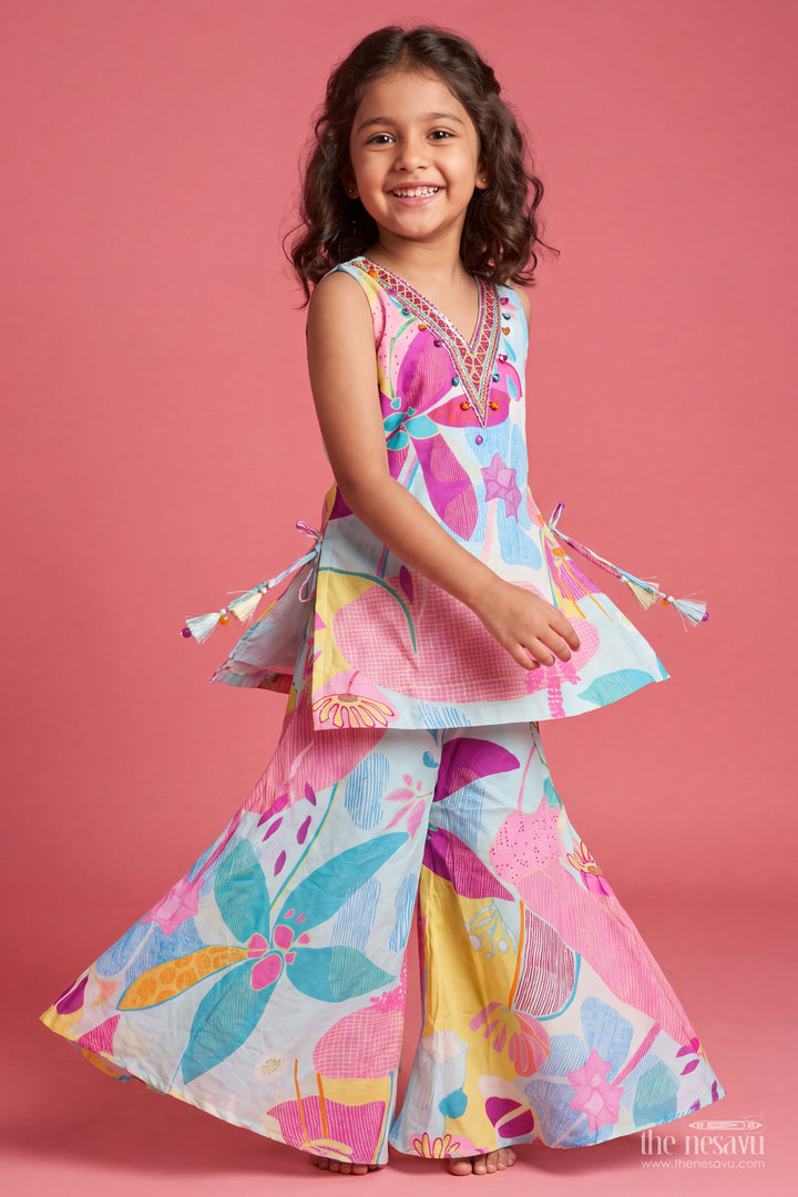Girls Viscose Georgette Palazzo Set in Aqua Pink with Abstract Flower Print