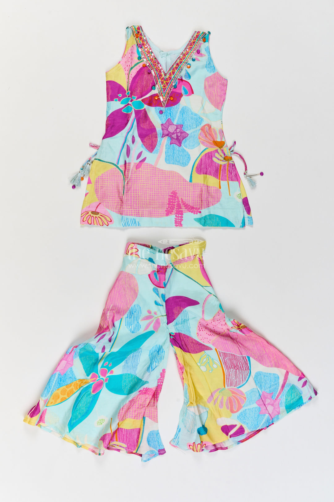 Girls Viscose Georgette Palazzo Set in Aqua Pink with Abstract Flower Print