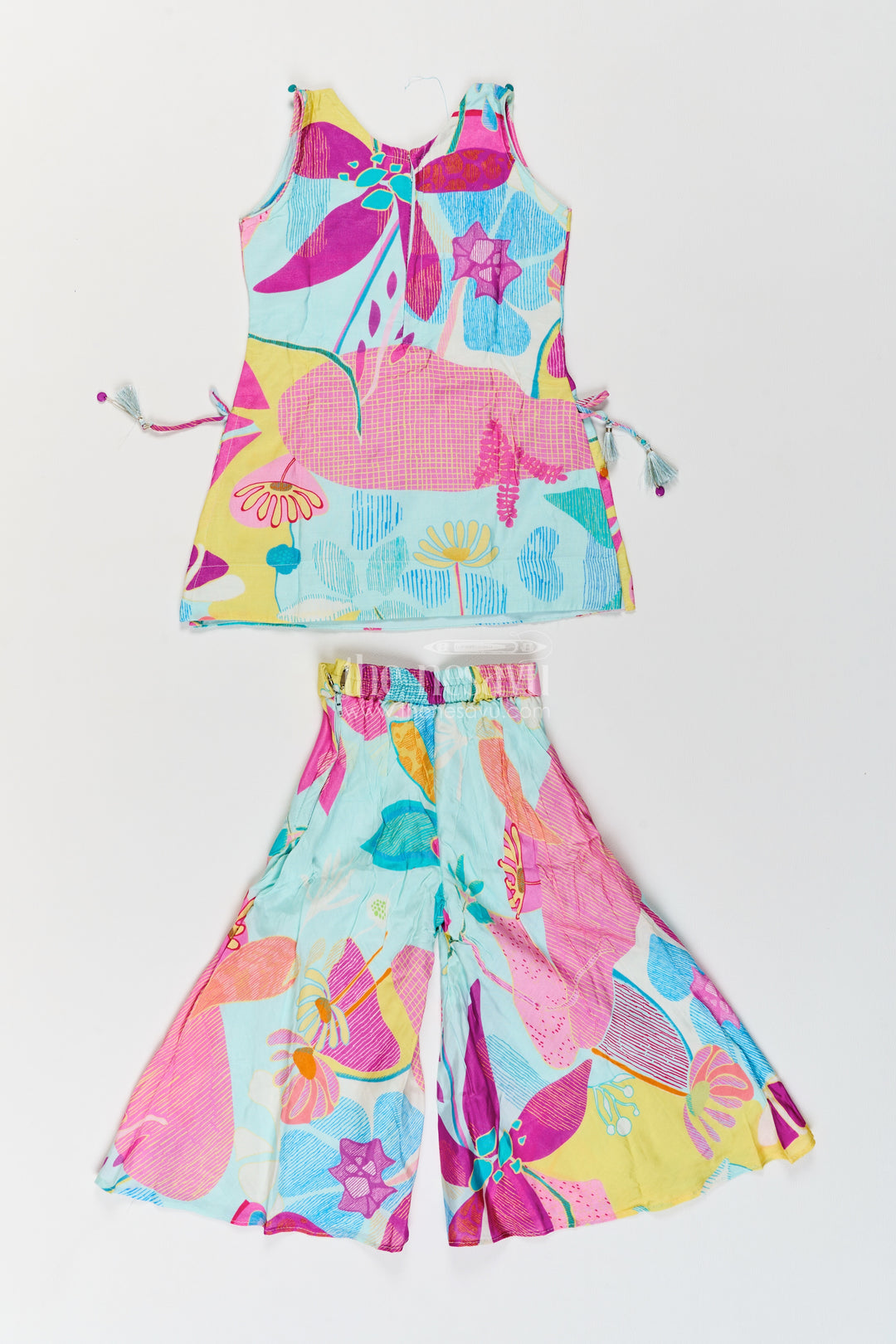 Girls Viscose Georgette Palazzo Set in Aqua Pink with Abstract Flower Print