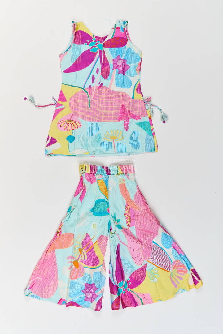 Girls Viscose Georgette Palazzo Set in Aqua Pink with Abstract Flower Print