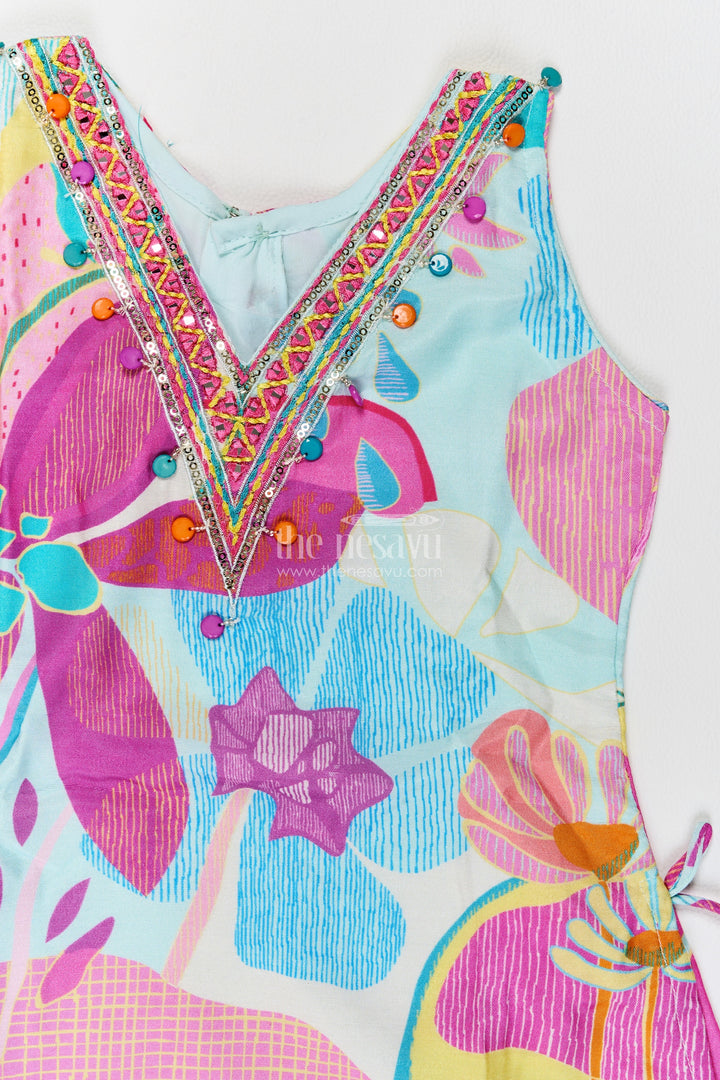 Girls Viscose Georgette Palazzo Set in Aqua Pink with Abstract Flower Print