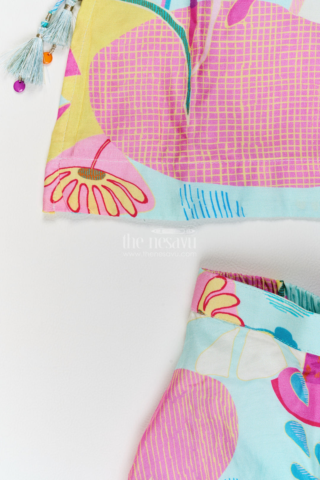 Girls Viscose Georgette Palazzo Set in Aqua Pink with Abstract Flower Print