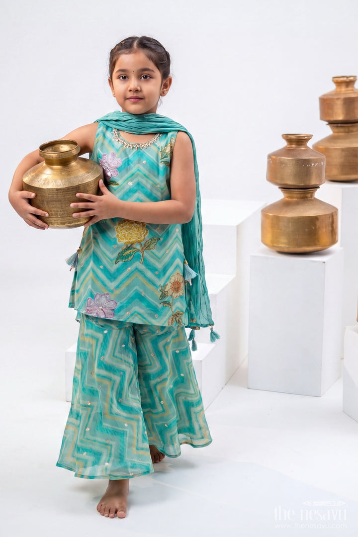Girls Sharara Set in Turquoise with Digital Print