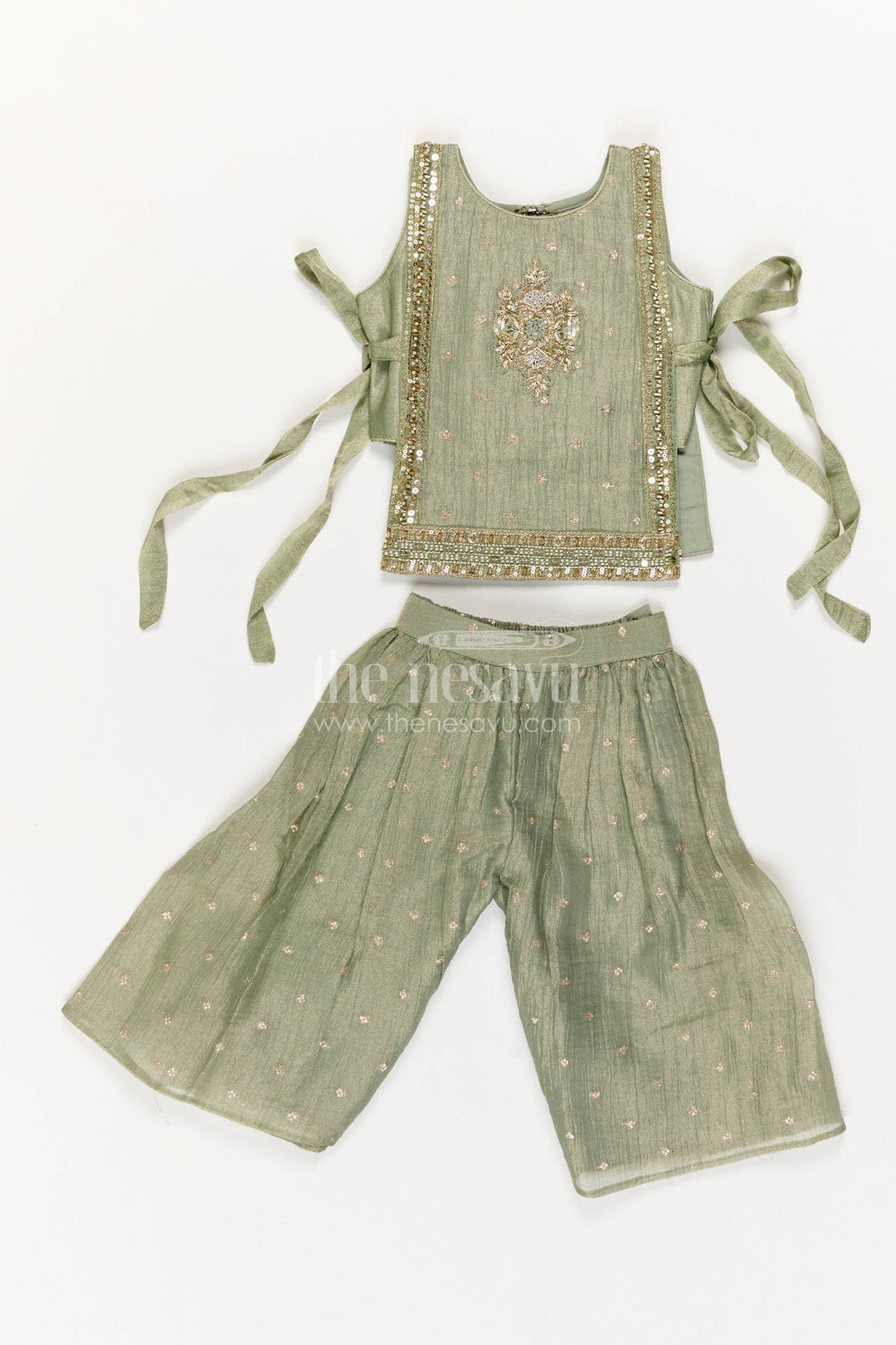Girls Sharara Set in Green with Sequin Work