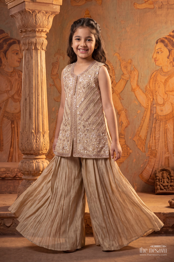 Girls Taupe Beige Diagonal Embroidered Pleat Palazzo Set