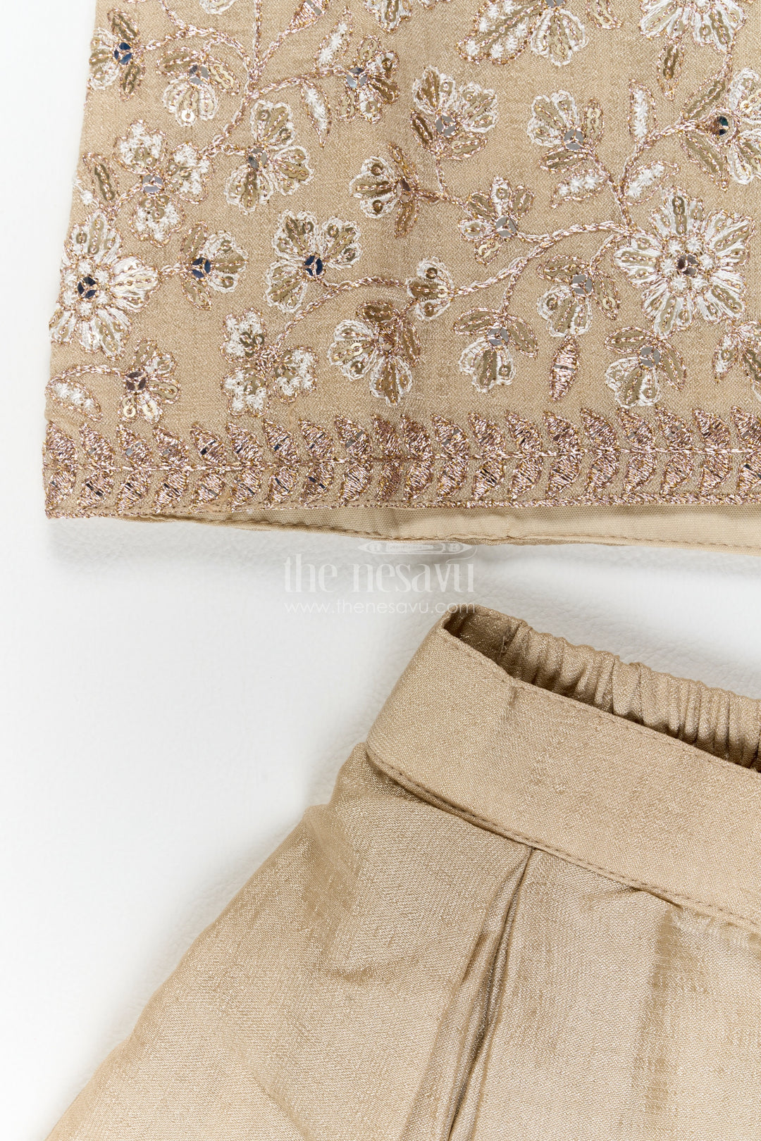 Girls Taupe Beige Diagonal Embroidered Pleat Palazzo Set