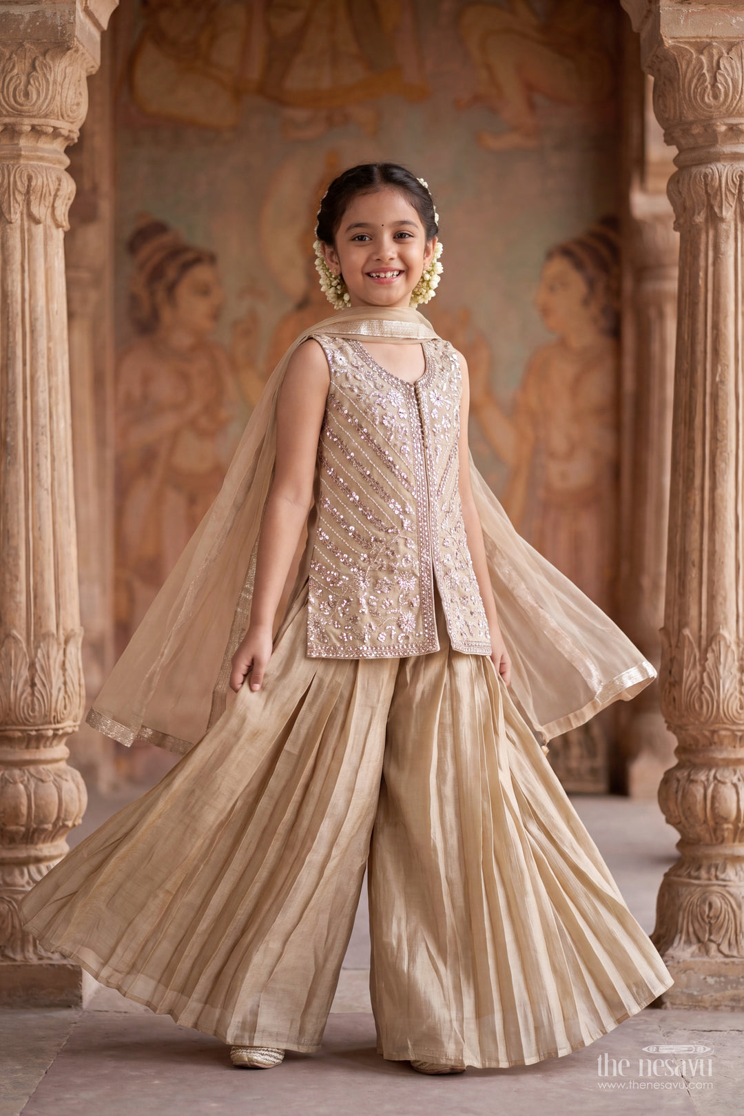 Girls Taupe Beige Diagonal Embroidered Pleat Palazzo Set