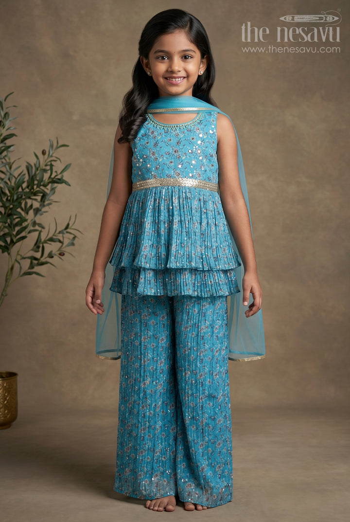 All-Over Floral Printed Layered Peplum Blue Kurti and Palazzo Pant for Girls with Organza Dupatta