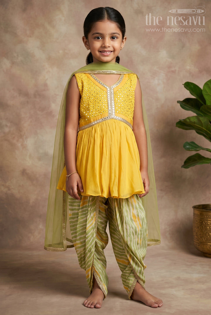 Glitter Sequin Embroidered Yellow Kurti and Striped Green Pant for Girls with Organza Dupatta