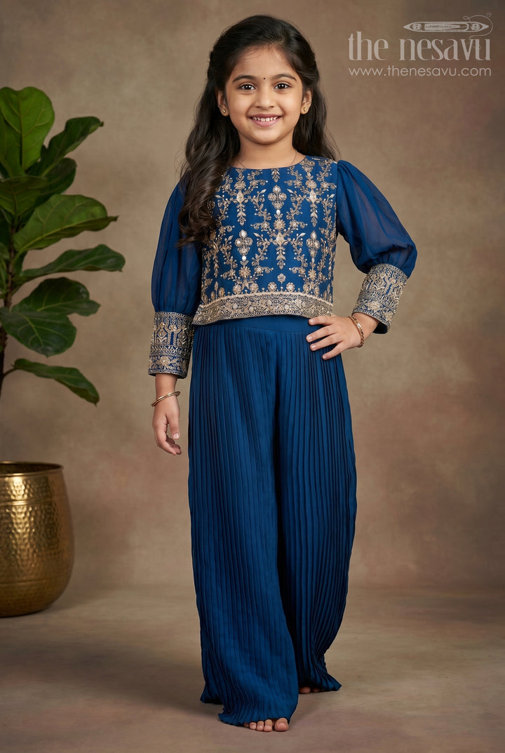 Mystic Blue Elegance: Girls Crop Top with Palazzo Pant Set