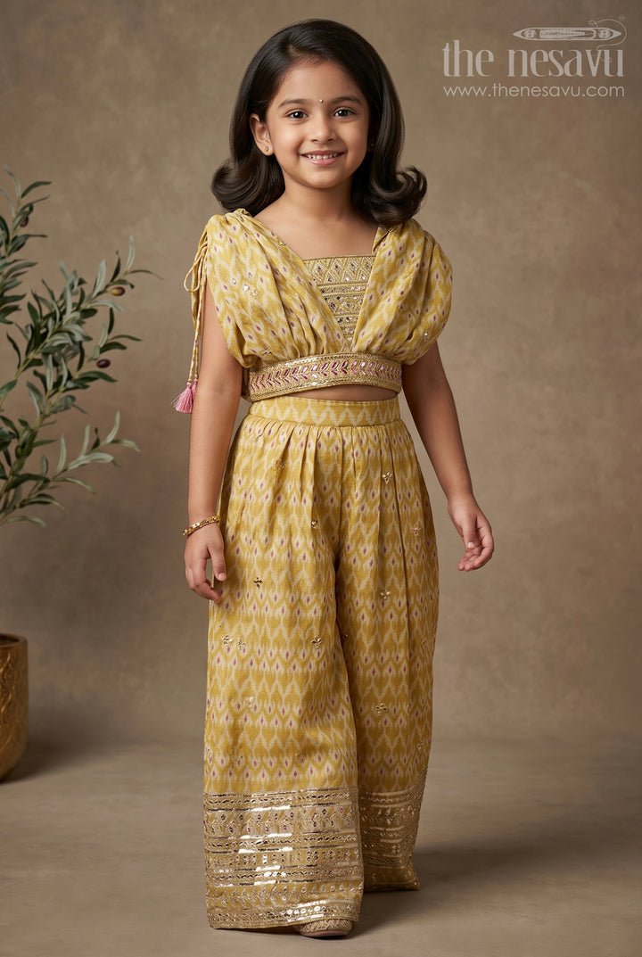 Ikat Printed Palazzo Set with Embellished Cape for Girls