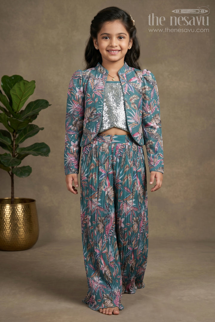 Glittering Soiree: Sequin Embroidered Crop Top with Jacket and Palazzo Ensemble