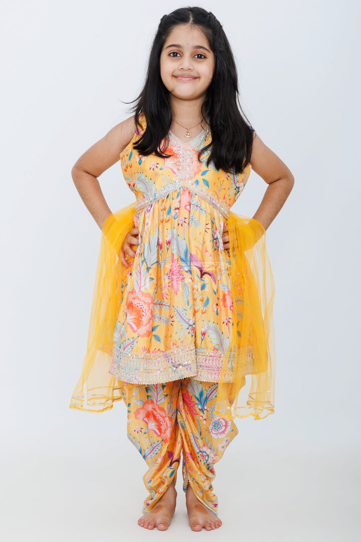 Sun-Kissed Elegance: Girl's Aliacut Kurti with Dhoti Pant and Dupatta Set