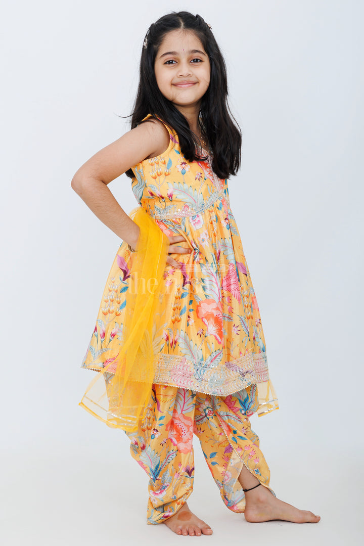 Sun-Kissed Elegance: Girl's Aliacut Kurti with Dhoti Pant and Dupatta Set