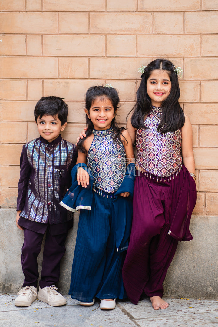 Boys Sherwani Set in Black with Silver Vertical Stripe Jacket and Black Trousers for Special Occasions