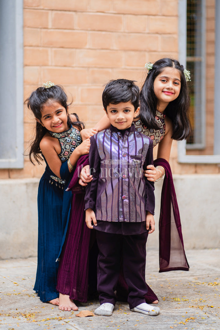 Boys Sherwani Set in Black with Silver Vertical Stripe Jacket and Black Trousers for Special Occasions