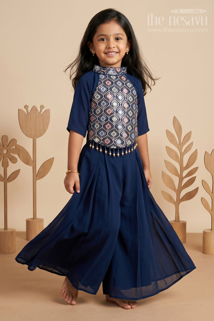 Girls Navy Blue Sharara Set with Embroidered Yoke and Flared Plazo in Navy Blue Sharara Style