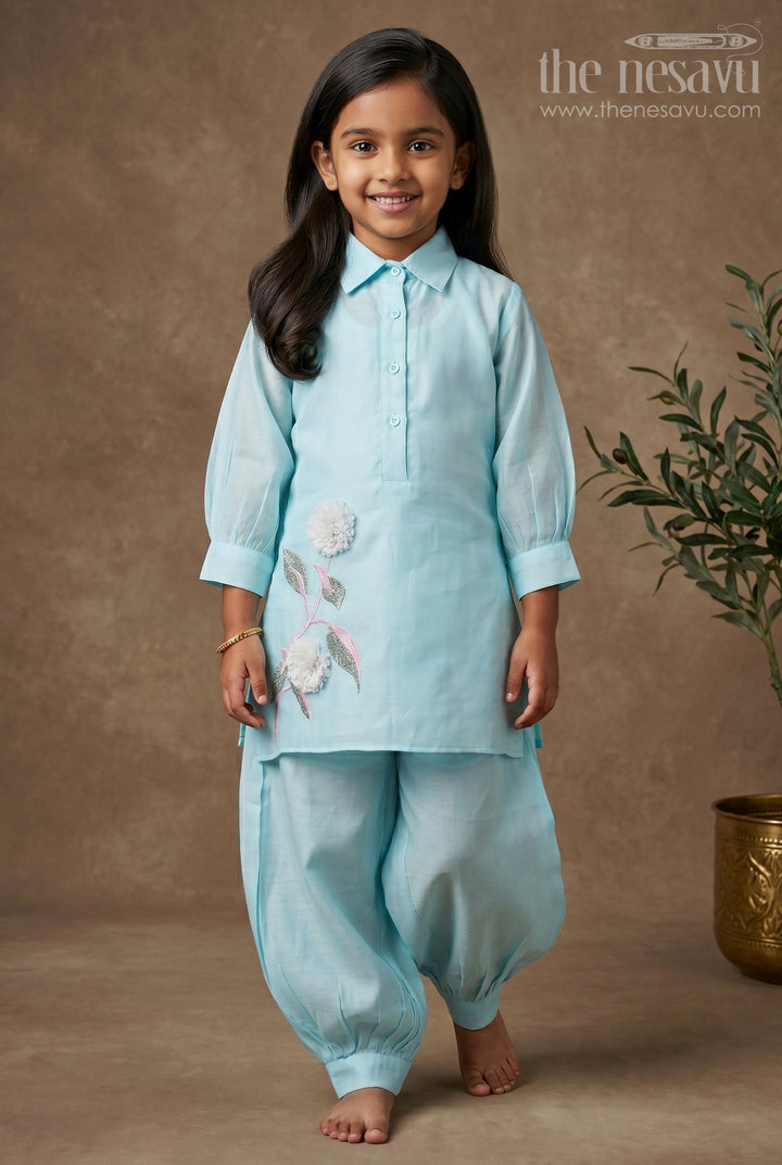 Turquoise Blue Elbow Sleeve Modal Silk Kurta Set with Floral Embroidery for Girls