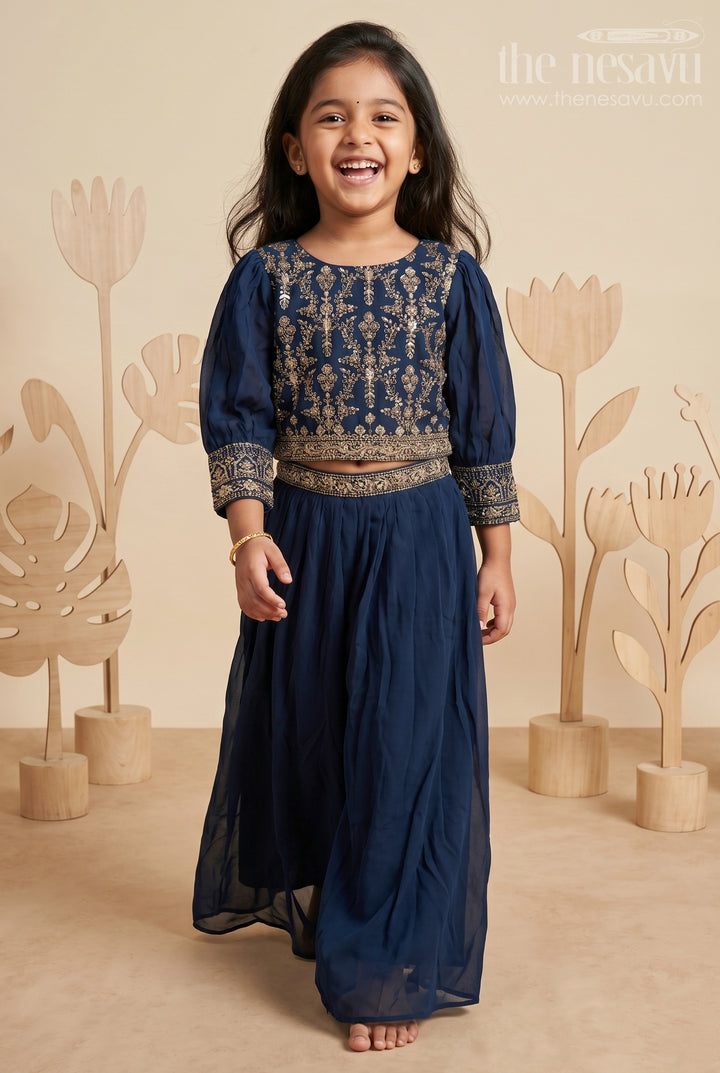 Navy Blue Chinon Silk Sharara Set with Embroidery