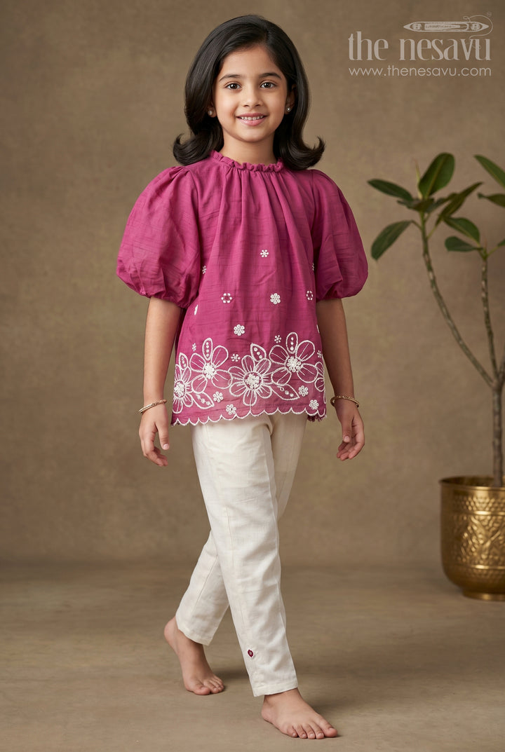Womens Floral Co Ord for Girls in Maroon Cotton with Puff Sleeves and White Embroidered Bottoms