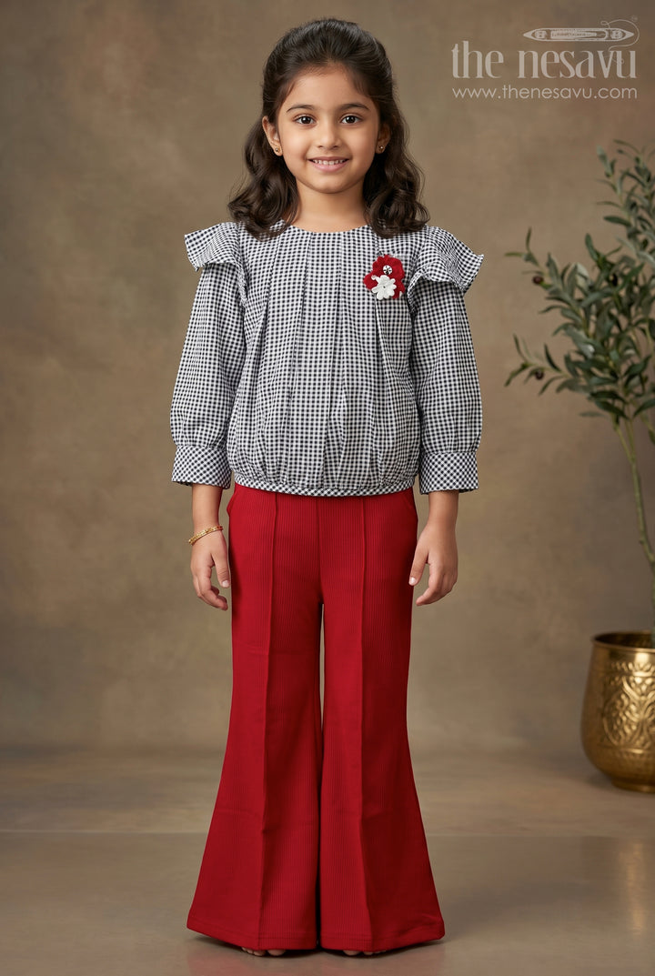 Maroon and Green Checked Indowestern Sharara Set for Girls