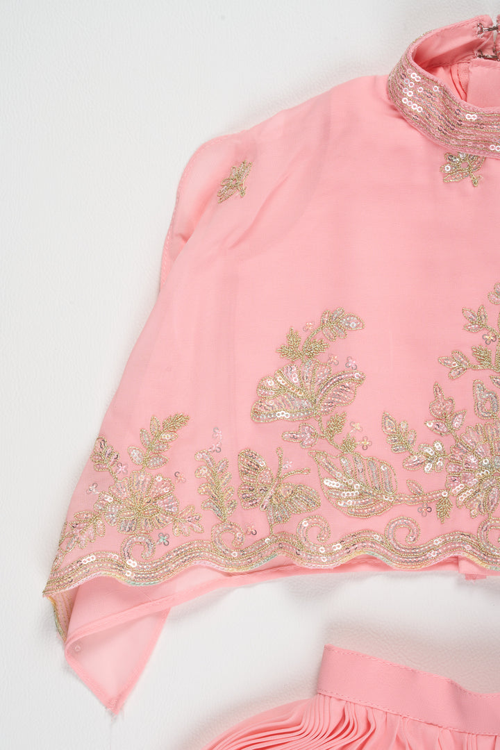 Girls Semi Georgette Peach Gharara Set with Embroidered Cape Perfect for Weddings