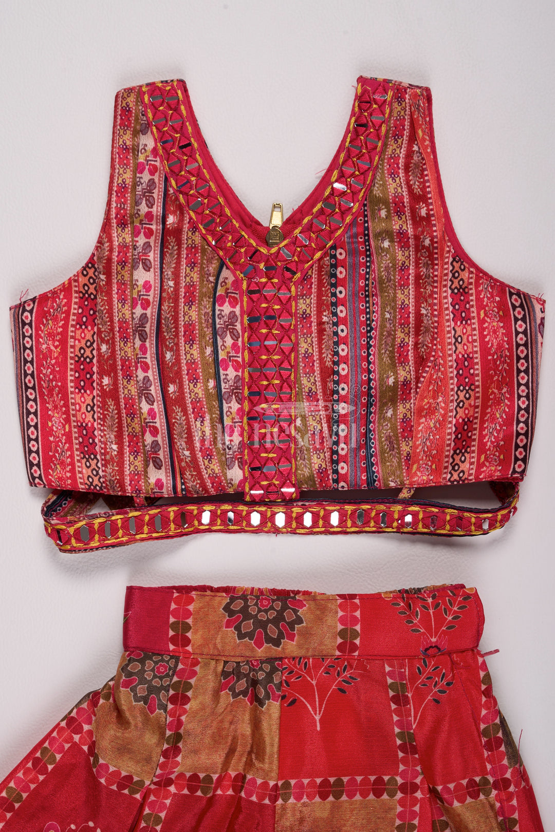 Girls Red Palazzo Set with Patchwork Crop Top and Embroidered Dupatta