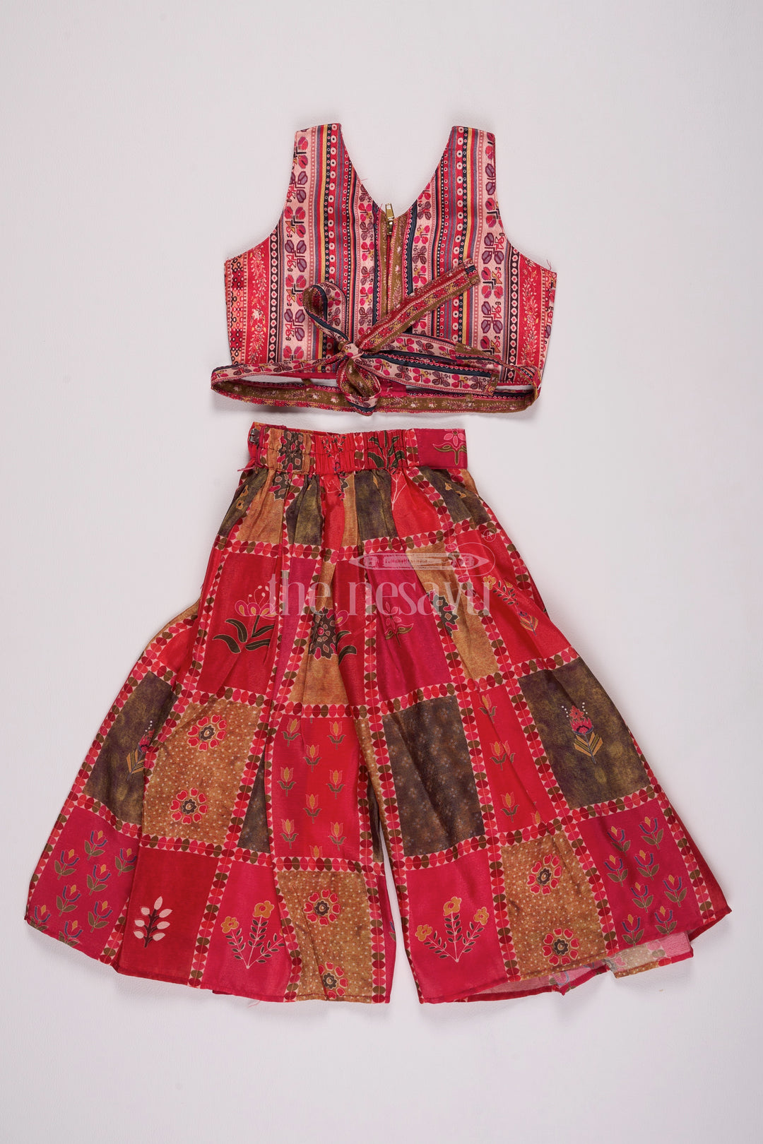 Girls Red Palazzo Set with Patchwork Crop Top and Embroidered Dupatta