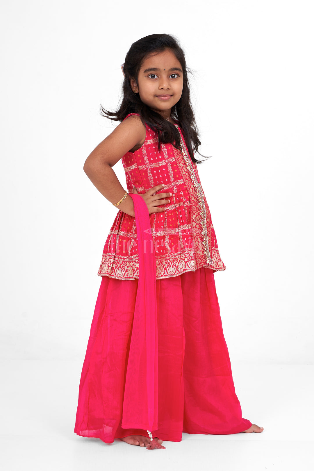 Girls Pink Fancy Sharara Set with Gold Brocade Work for Weddings and Special Occasions