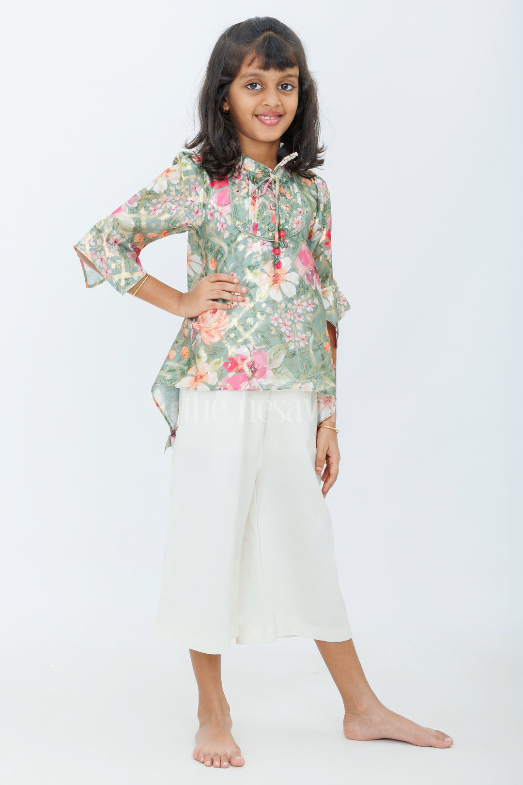 Girls Green Floral Printed Top with White Culottes and Camisole for Stylish Daytime Outings