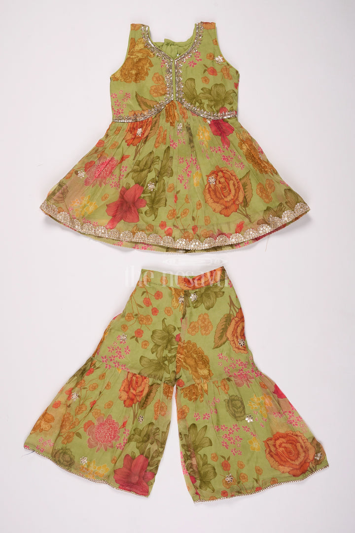 Girls Green and Red Floral Sharara Plazo Set with Delicate Gold Embroidery