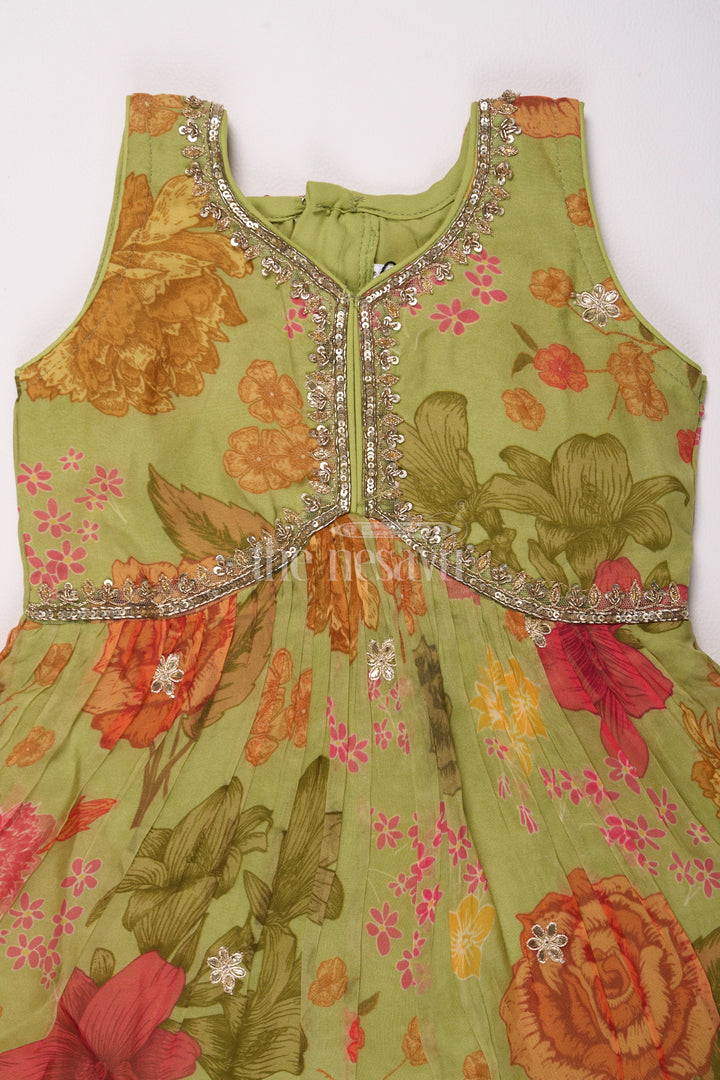 Girls Green and Red Floral Sharara Plazo Set with Delicate Gold Embroidery